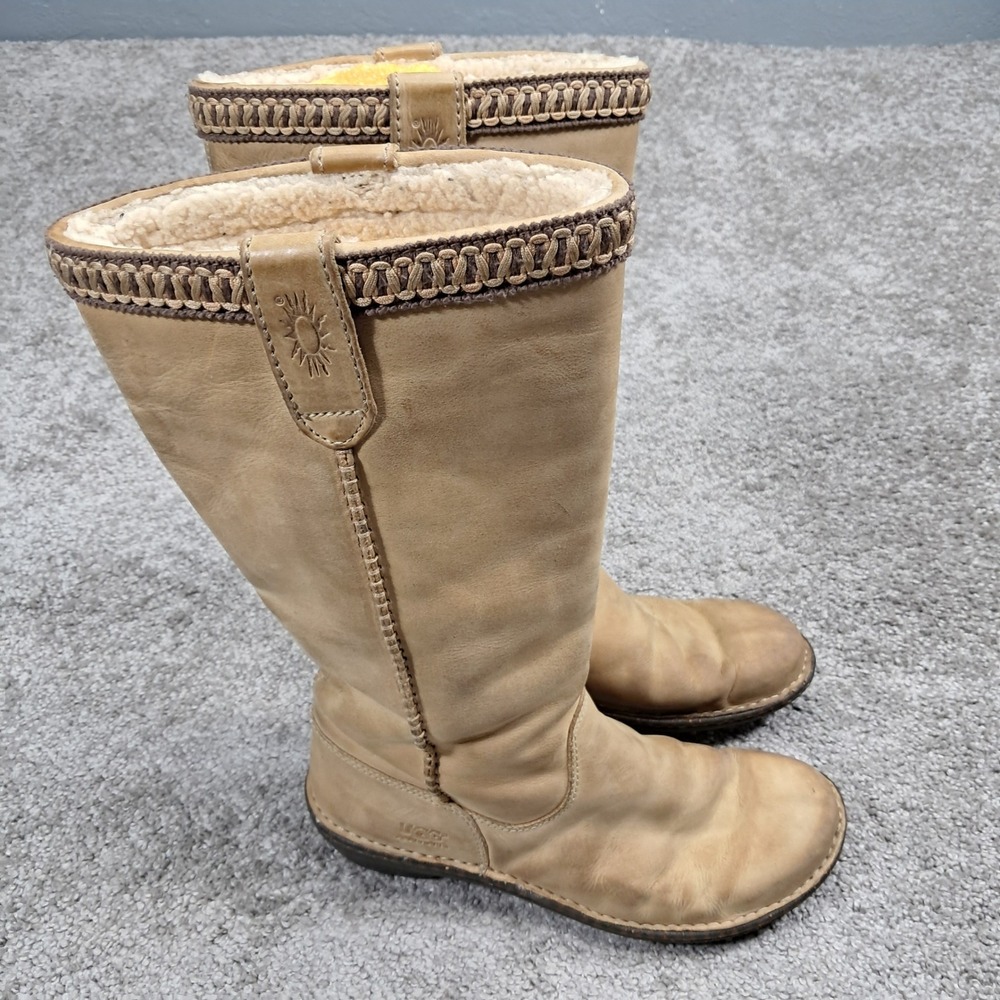 UGG Sunburst Tall 5133 Sand Tan‎ Leather Sheepskin Shearling Boots Womens 9